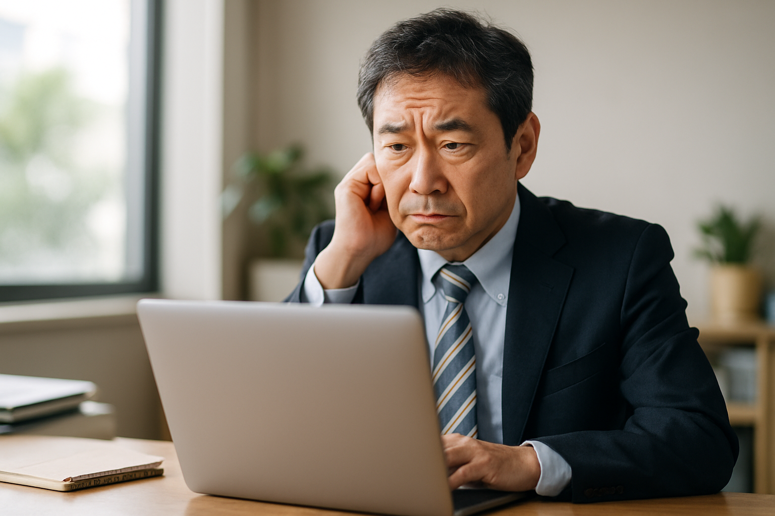 自社のホームページを見ながら首をかしげる経営者