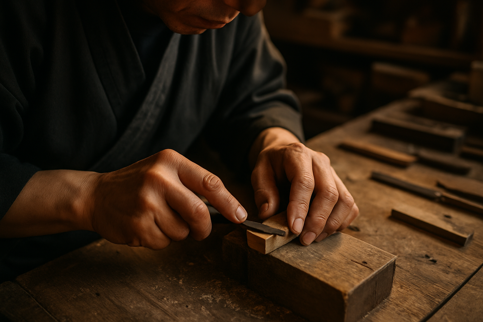 作業場で黙々と手を動かす職人の手元