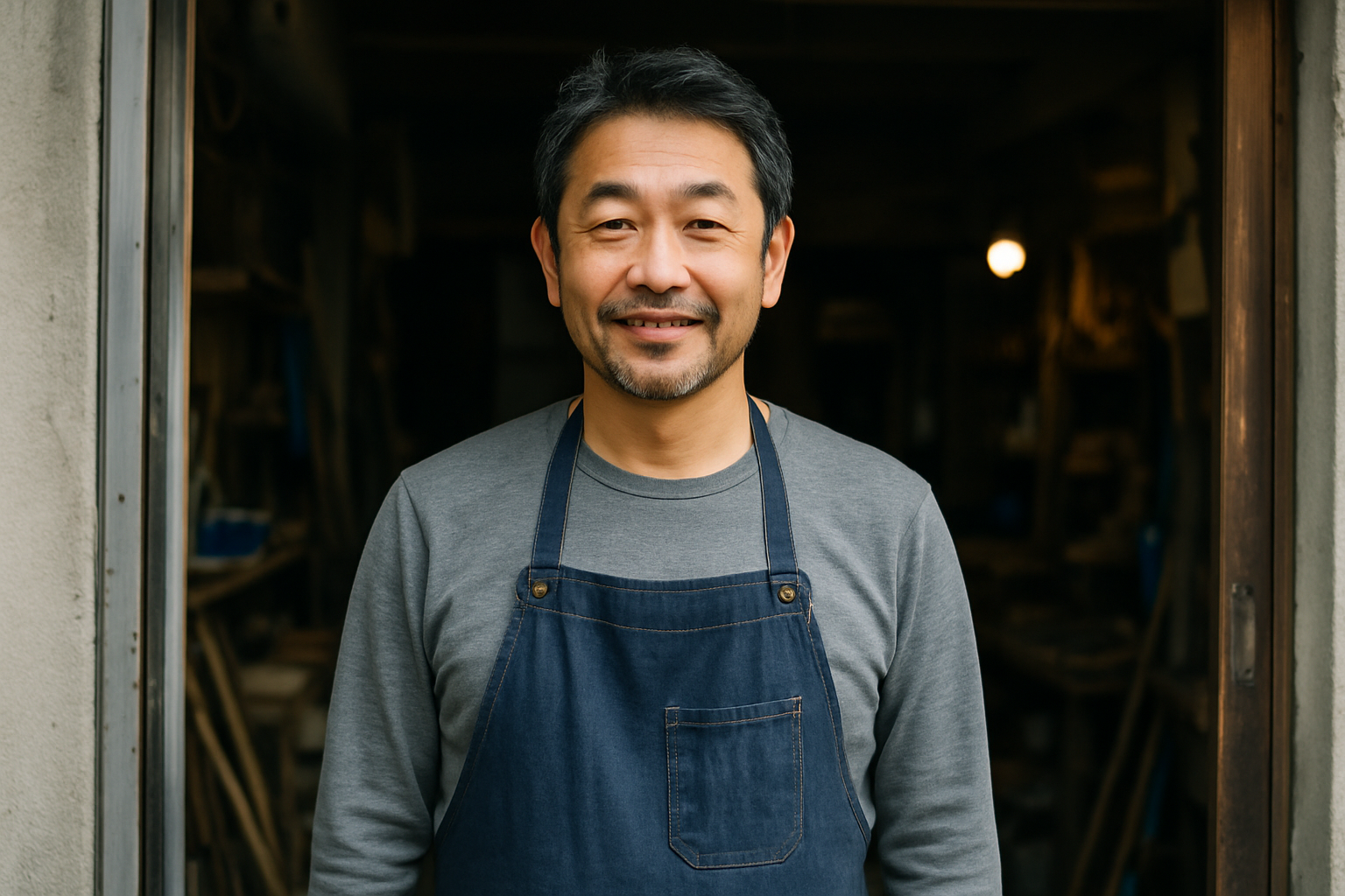 工房の前で笑顔で立つ店主
