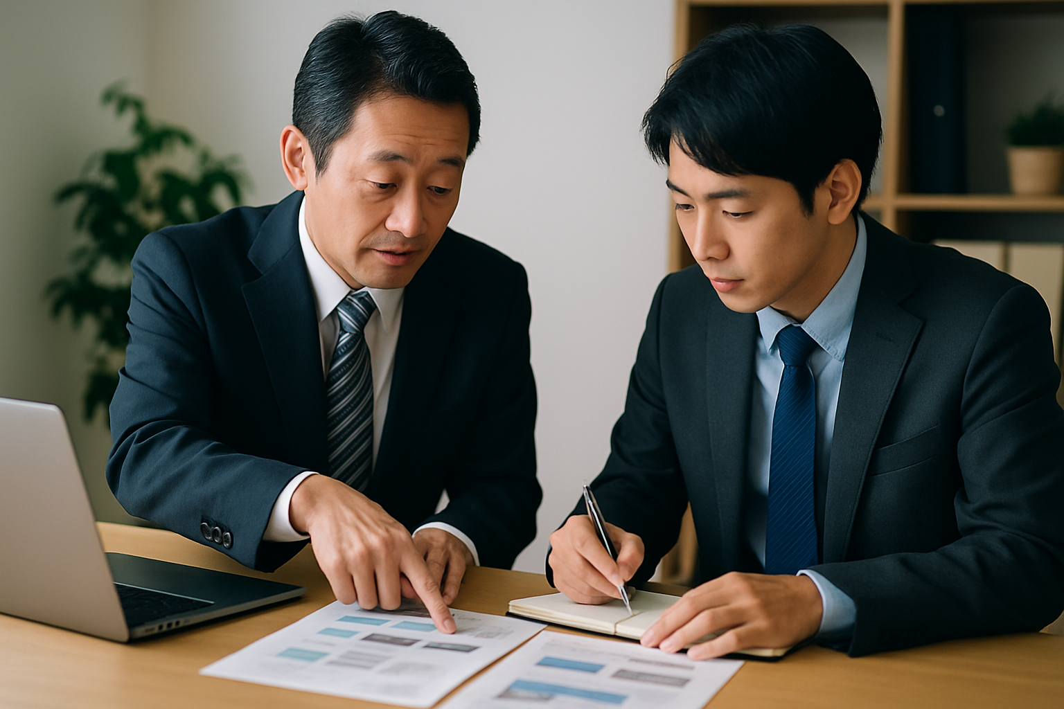 打ち合わせで資料を指しながら話す経営者と担当者