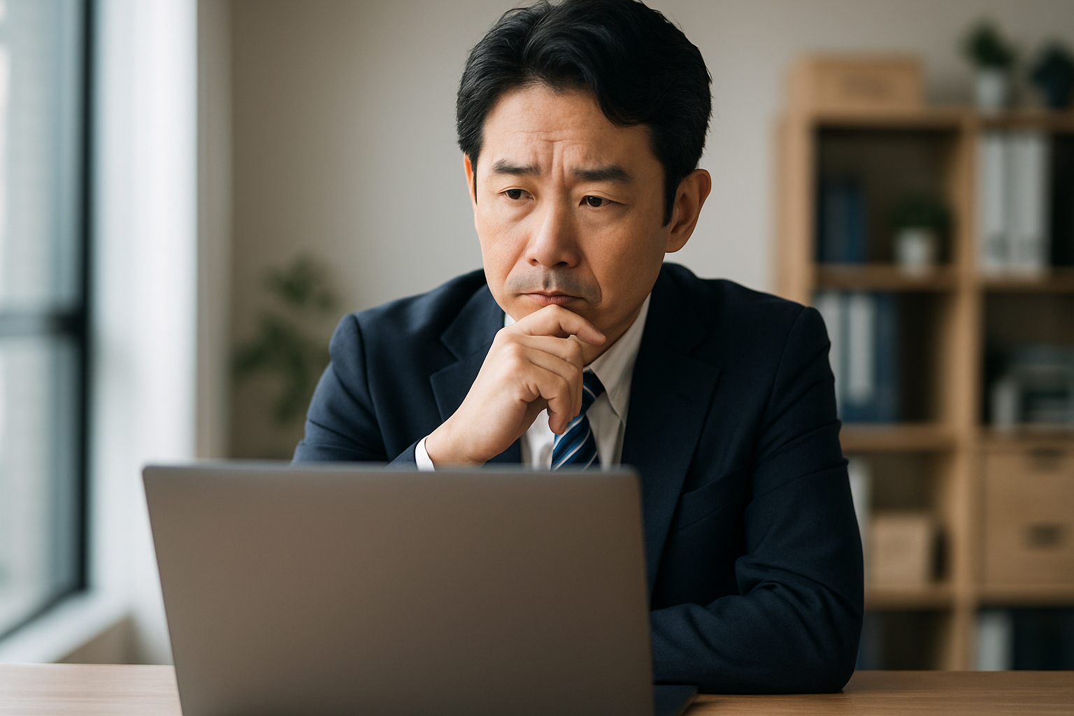 ノートパソコンの画面を見て考え込む経営者