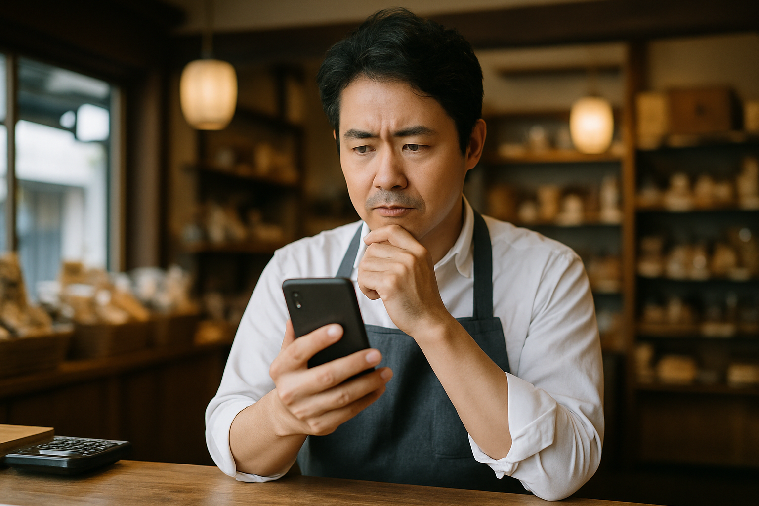 スマートフォンの検索結果を見て考え込む店主