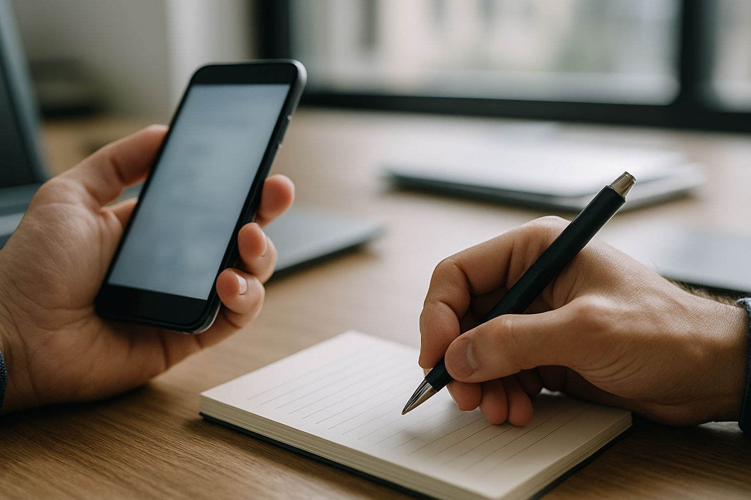 スマートフォンで自社を検索しながらメモを取る様子